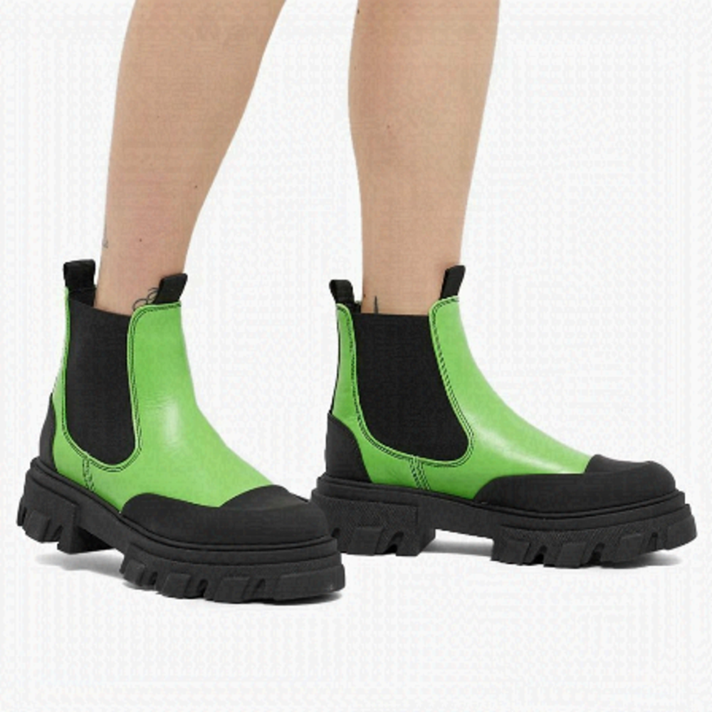 GANNI Flash Green Leather Chunky Ankle Rubber Lug Boots - 5